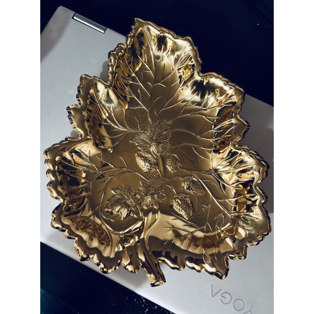 Vintage Copper Craft Guild Brass Leaf Strawberry Dish Tray Made In USA Sweet